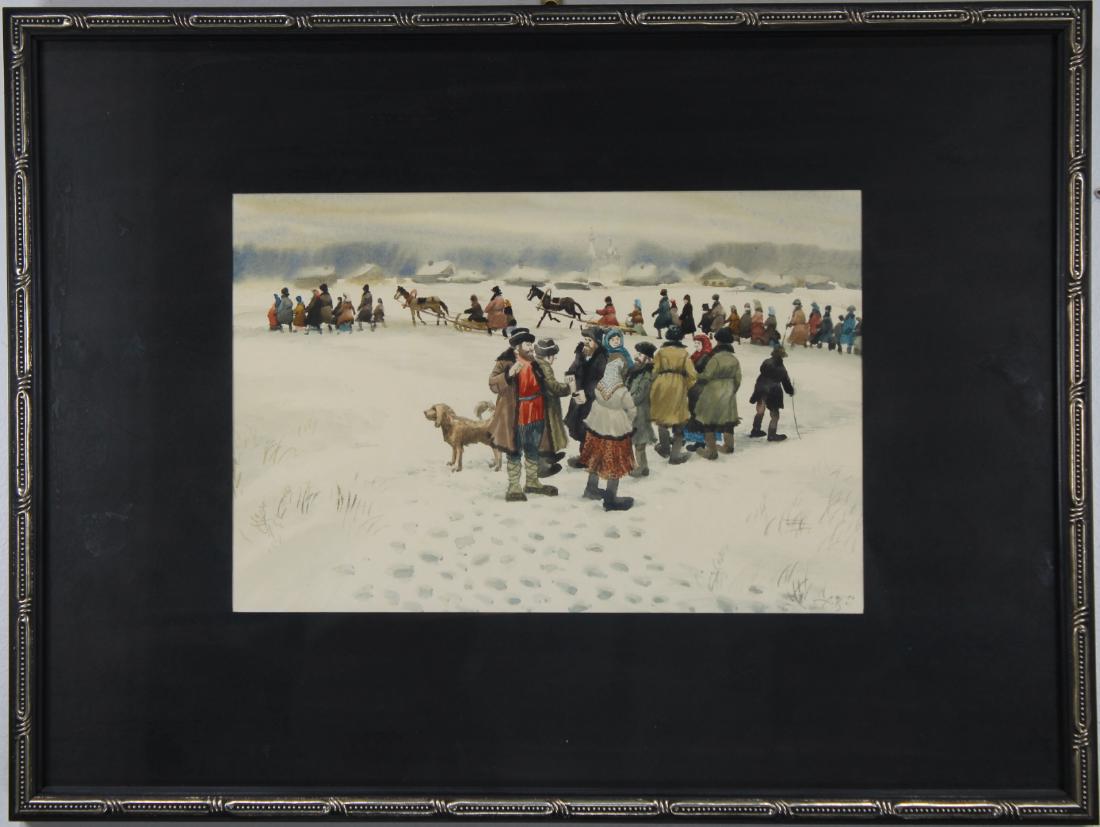 Signed, Russian School W/C of Figures in Winter (1 of 5)