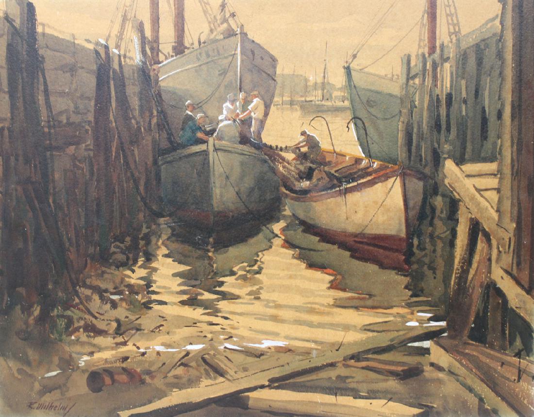 Roy Wilhelm (1895 - 1954): Roy Wilhelm (Ohio, 1895 - 1954) Watercolor/Gouache painting of figures in a harbor scene, likely Gloucester. Signed lower left. Wilhelm was a landscape and marine painter who studied in Cleveland with