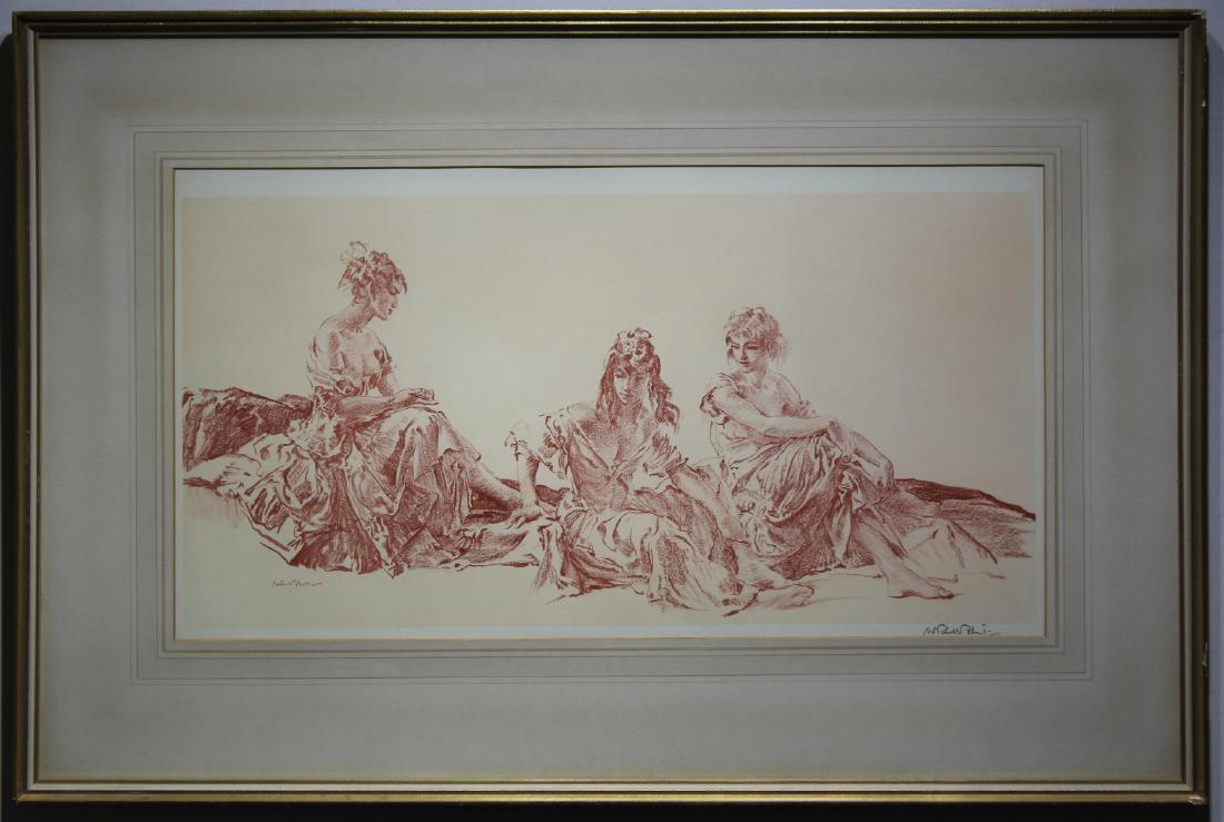 William Russell Flint (1880-1969) Colored Print: Sir William Russell Flint (1880-1969) "Teresa, Yolande and Anne-Marie" colored print. Signed in plate along with being pencil signed by artist. Limited edition run. Image Size: 11.5 x 23 in. Overall S
