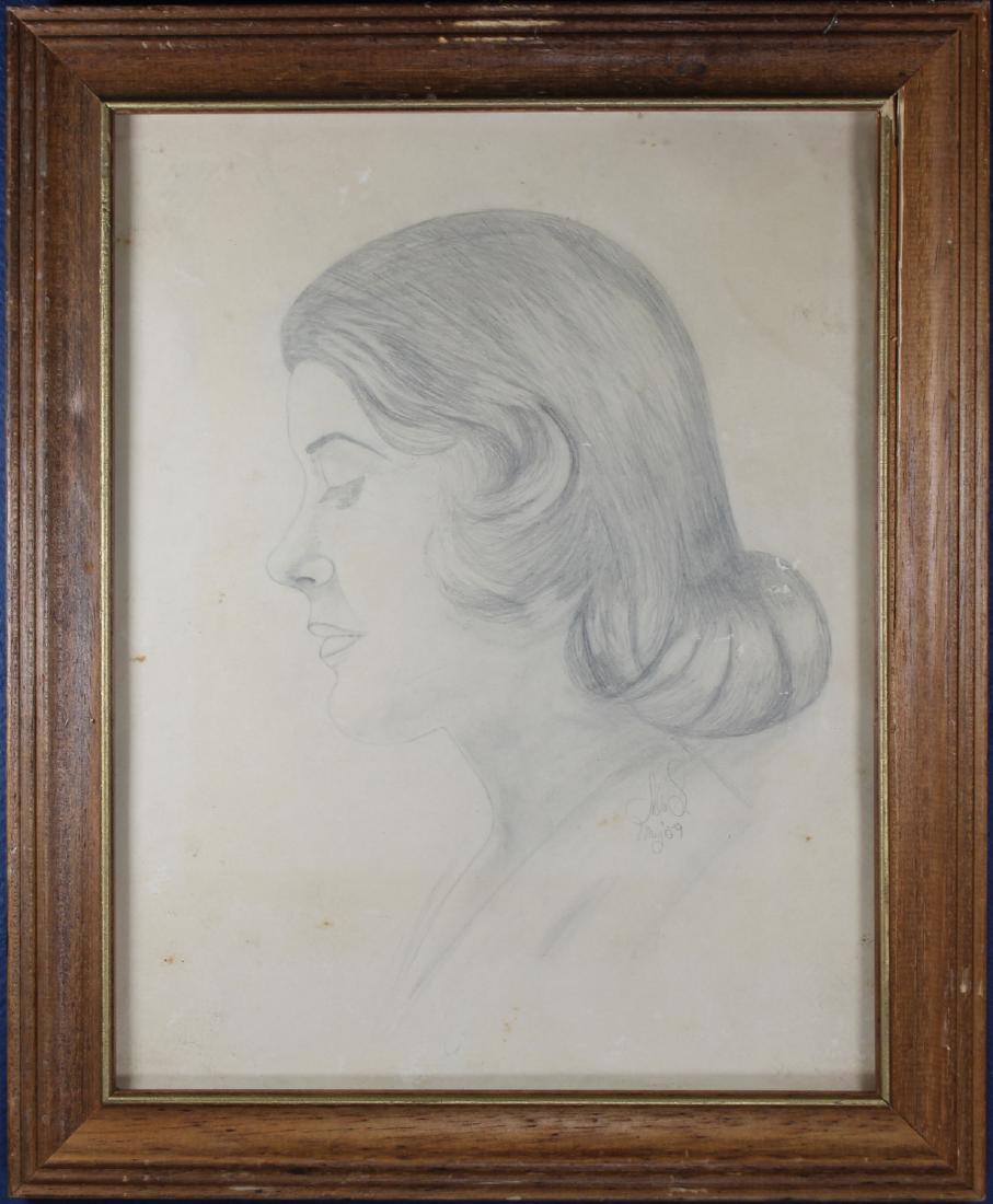 Signed, 1959 Portrait of a Woman: Signed, 1959 Portrait of a Woman. Signed indistinctly and dated 1959 lower right. Pencil/Paper. Sight size: 13.5 x 10.5 in. Overall Size: 16.5 x 13.5 in. Framed behind glass.