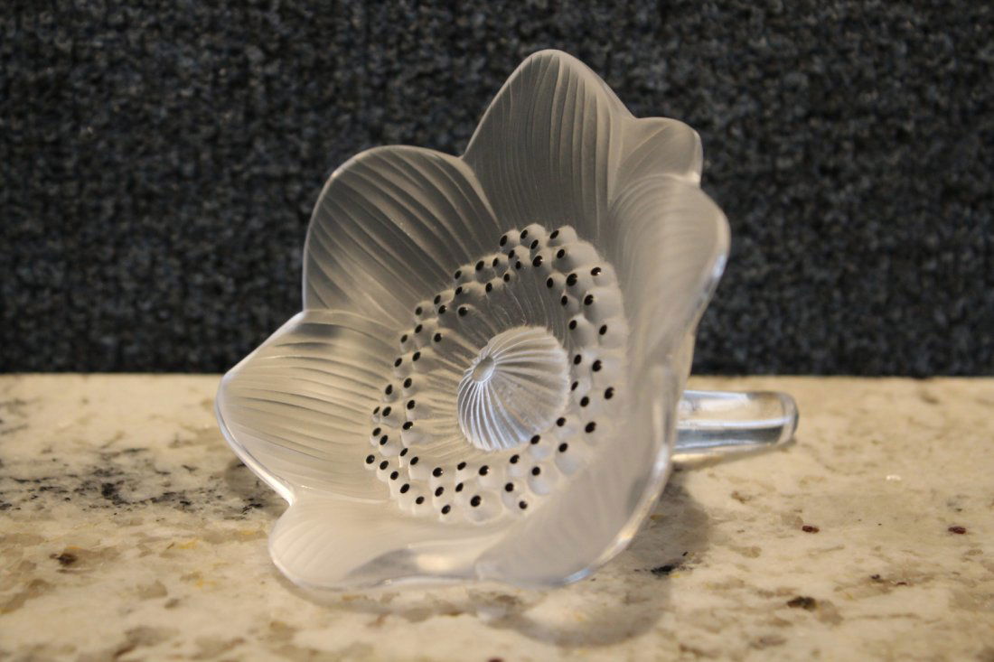 Lalique Frosted Crystal Anemone Flower: Signed 'Lalique France' on stem.Size: 3 x 4.25 in.