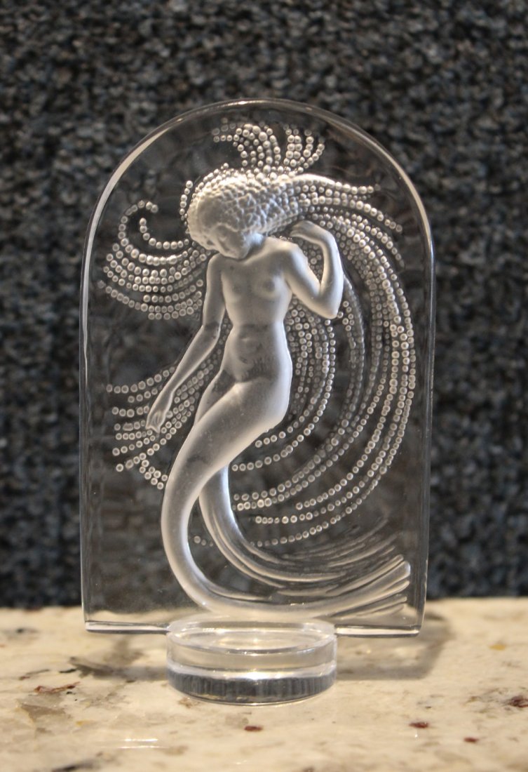 Lalique Mermaid Arched Glass Figurine: Signed 'Lalique France' on base.Size: 3.5 x 2.25 in.