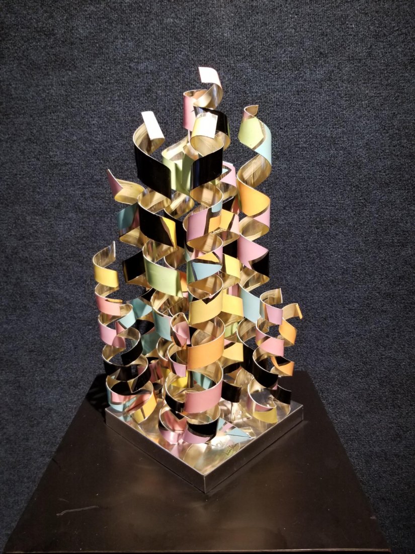 Dorothy Gillespie (1920 - 2012) Metal Sculpture: Dorothy Gillespie (1920 - 2012) Metal Sculpture. Titled "Silver Castle #3, 2001". Inscibed on base. Enamel on Aluminum. Dorothy Gillespie's career spanned seven decades, and was always in the forefron