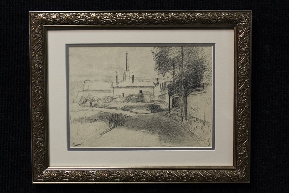 French School Pencil Sketch of Pottery Factory: French School Pencil Sketch of Pottery Factory. Signed lower left.Sight Size: 8.5 x 12 in.Overall Size: 14.5 x 18.5 in.