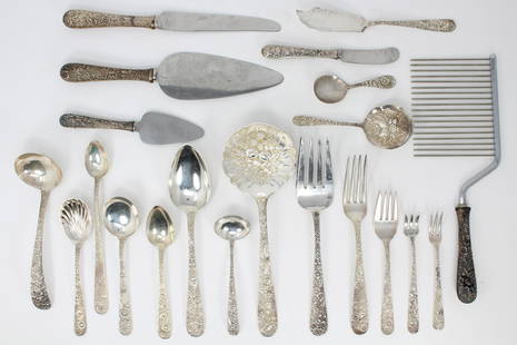 149pc Kirk & Son Sterling 'Repousse' Flatware: 149pc Kirk & Son Sterling Silver 'Repousse' Pattern Flatware Set. Stamped on back of flatware. (photo is of one representation of each utensil) 18 Teaspoons (5.25 in.) 6 Sweet Tea Spoons (8.5 in.) 12