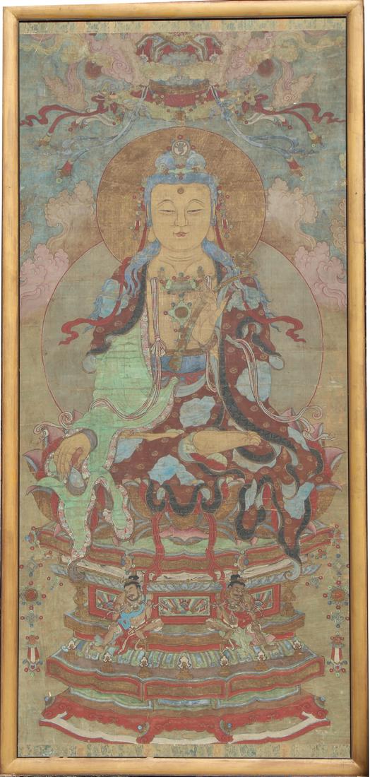 Monumental 18th C. Tibetan Thangka: Monumental 18th C. Tibetan Thangka. Depicting a large seated Buddha figure with two figures in lower portion of the image. Provenance: Private California collection. Image size: 57.5 x 26 in. Overall 