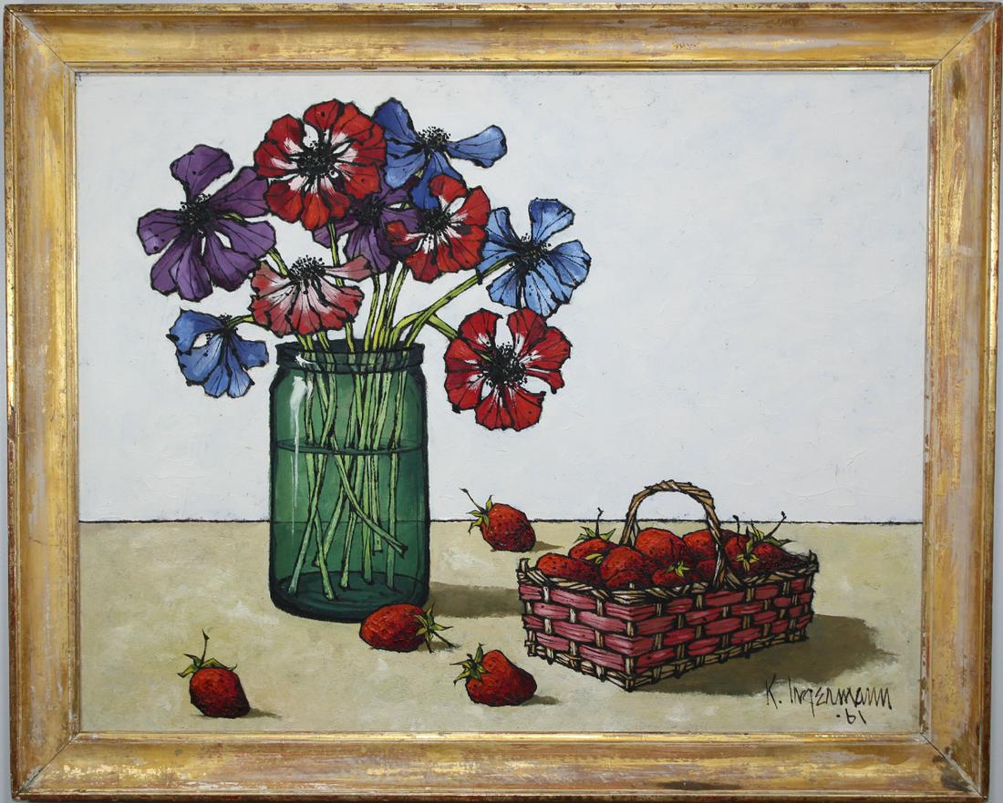 Keith Ingermann (Indiana, Florida, 1929 - 2012): Keith Ingermann (Indiana, Florida, 1929 - 2012) Mid Century Still Life Painting of a Bouquet of Flowers and a Basket of Strawberries. Oil on masonite. Signed and dated '61 lower right. Sight Size: 22 