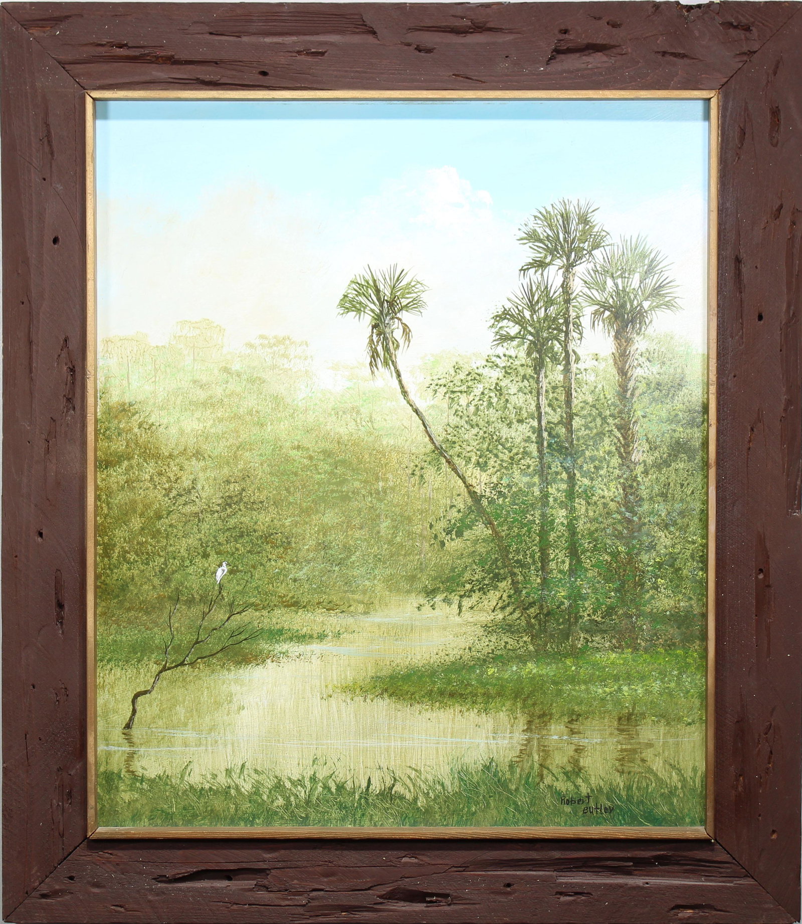 Robert Butler (Florida, 1943 - 2014) Heron: Robert Butler (Florida, 1943 - 2014) Painting of a heron perched on a branch in the Florida Everglades. Signed lower right. Oil on Board. Framed by the artist himself. Painted in the early 70s. Sight 