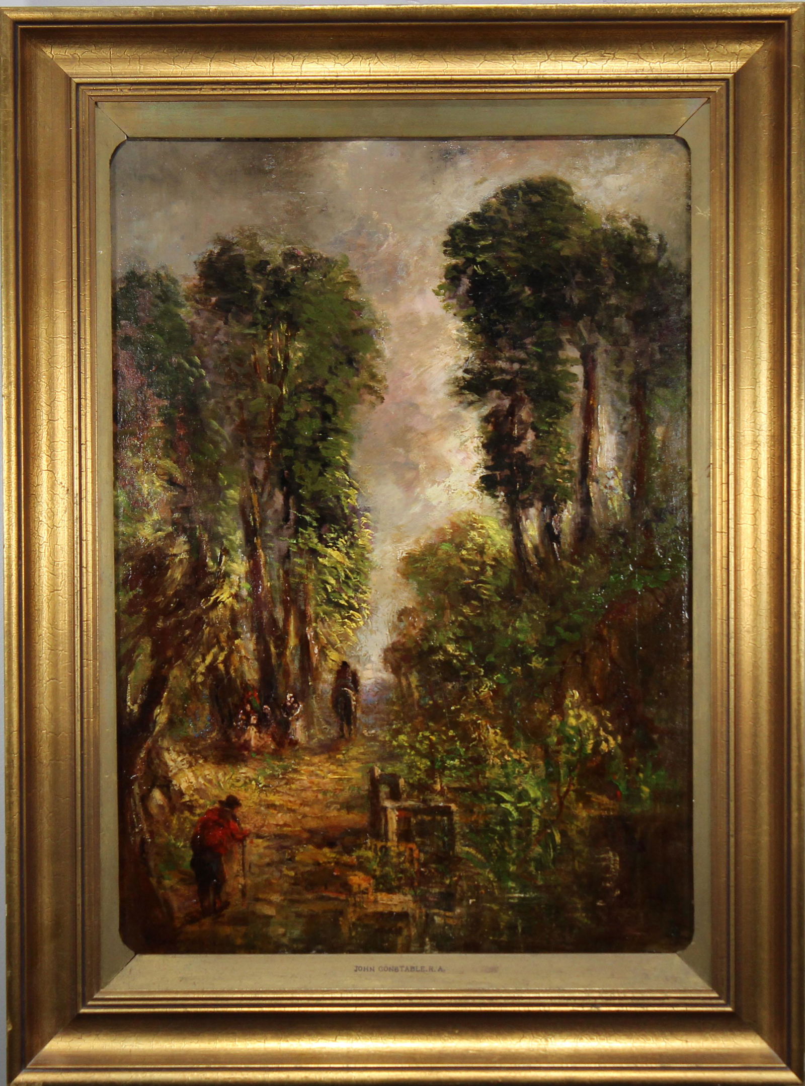 Signed "John Constable 1810", Landscape w/ Figures: Circle of John Constable, Signed and dated 1810 lower left. Painting of figures travelling through a wooded pathway. Oil on Canvas. Provenance: Private Sarasota Florida collection, has been in the sam