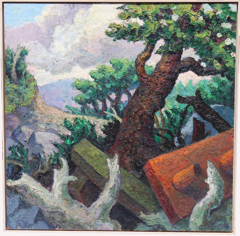 Robert Jessup (Texas, b. 1952) "Summer Landscape": Monumental Robert Jessup (Texas, b. 1952) "Summer Landscape" Painting, signed and dated (1985) verso on canvas. Signed lower left. Sight Size: 72 x 72 in. Overall Size: 74.25 x 74.25 in.