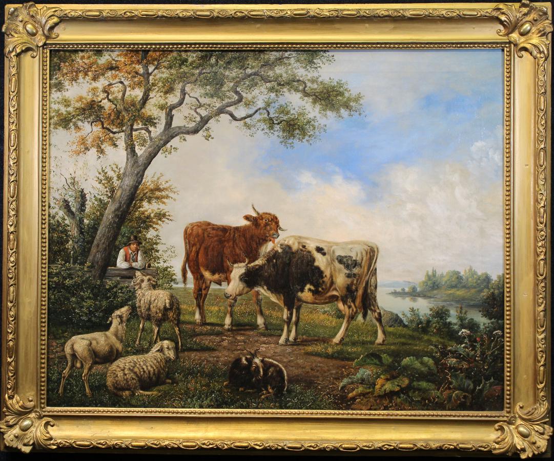 Attr. Paulus Potter (1625 - 1654): Attr. Paulus Potter (1625 - 1654) Bucolic Landscape with farmer, sheep. Oil on Canvas. Ex-collection of Appleton Museum (Ocala, Florida). Housed in a gilt frame. Appears to be unsigned. Sight Size: 29