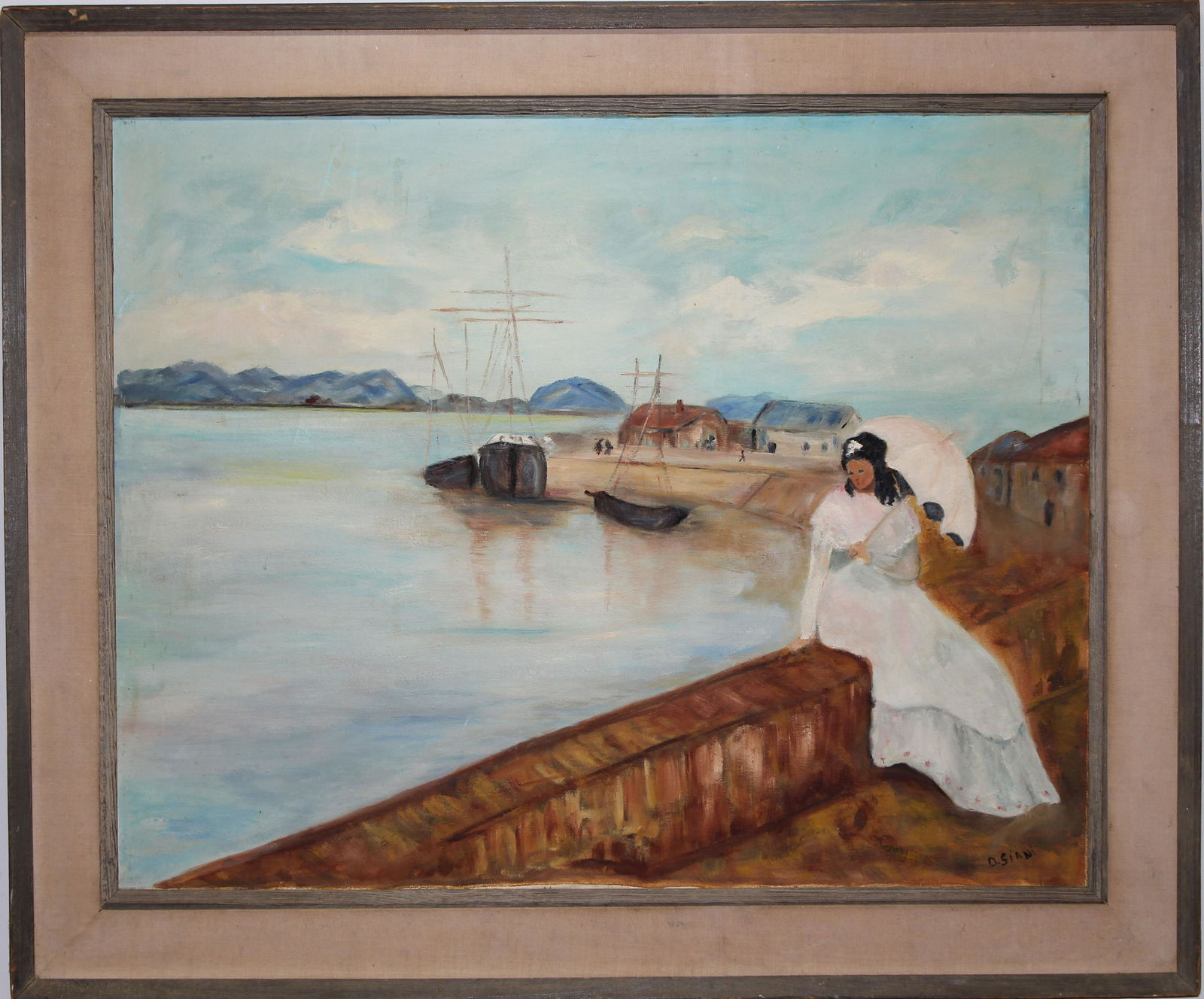Large 20th C. Painting of Woman Sitting at Harbor: Large 20th C. Painting of Woman Sitting Near the Harbor with an Umbrella. Signed lower right. Oil on canvas. Sight size: 23.5 x 29.5 in Overall Size: 30.5 x 36.5 in.