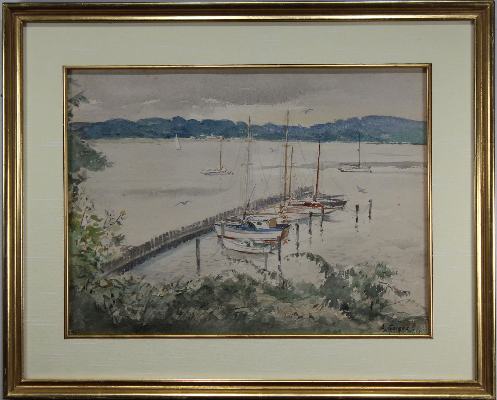 American School, Signed 20th C. Harbor Scene: American School, Signed 20th C. Harbor Scene. Signed "A. Geiges"? lower right. Watercolor/paper. Sight size: 10.75 x 14 in. Overall Size: 15.75 x 19.5 in. Framed behind glass.