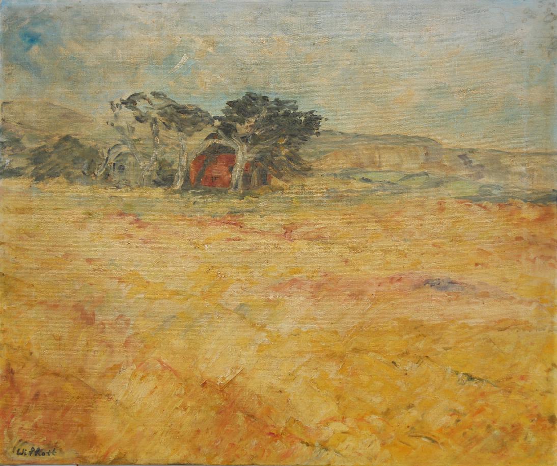California School, Signed 20th C Coastal Landscape: California School, Signed 20th Century Coastal Landscape painting with trees blowing in the wind near a house. Signed lower left. Oil on canvas. Size: 20 x 24 in. Unframed.