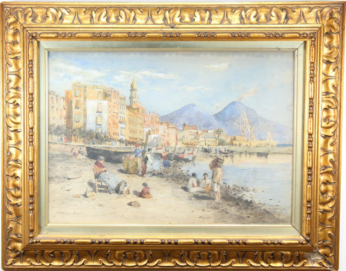 P Muller, Signed Watercolor of Naples Italy: P Muller, Signed Watercolor of Naples Italy with figures throughout. Sight size: 10 x 14 in. Overall Size: 15.5 x 19.75 in. Framed behind glass.