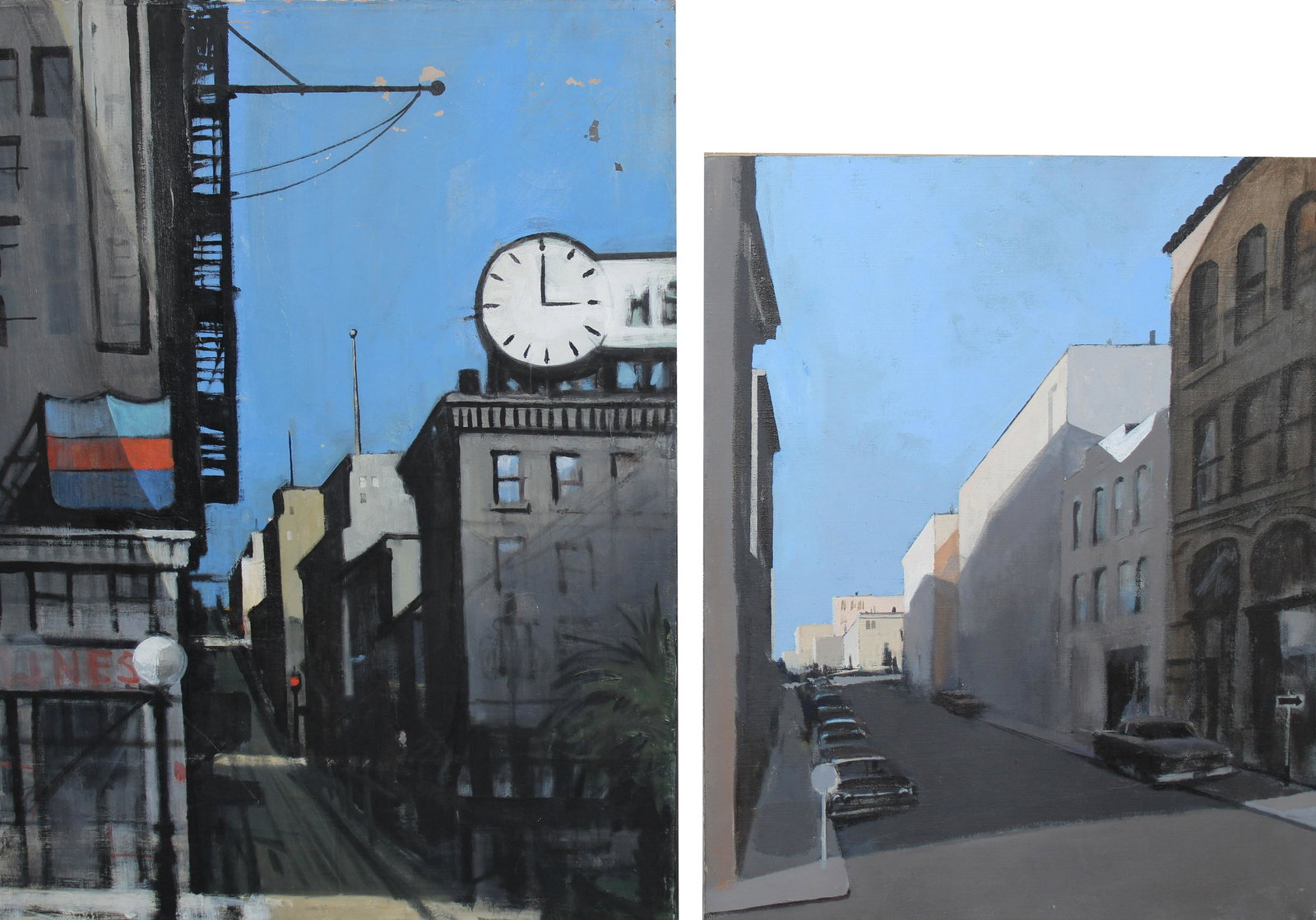 (2) California School Street Scenes, Signed.: (2) California School Mid Century Street Scenes. One signed illegibly verso. Oil on canvas. Sizes: 18 x 24 / 16 x 20 in. Unframed.