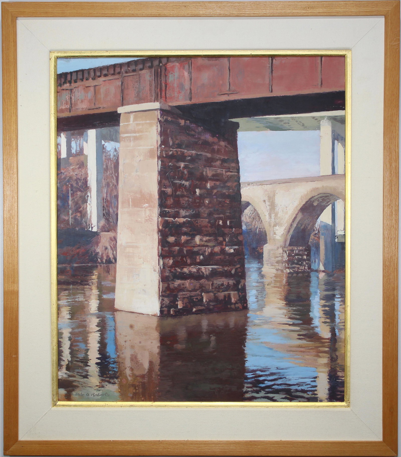 Dale O Roberts (American, b. 1959): Dale O Roberts (American, b. 1959). Signed lower left. Titled "Schuylkill Bridges" verso on masonite. Encaustic on board. With gallery label verso. Sight Size: 23.5 x 19 in. Overall Size: 31 x 27 in.