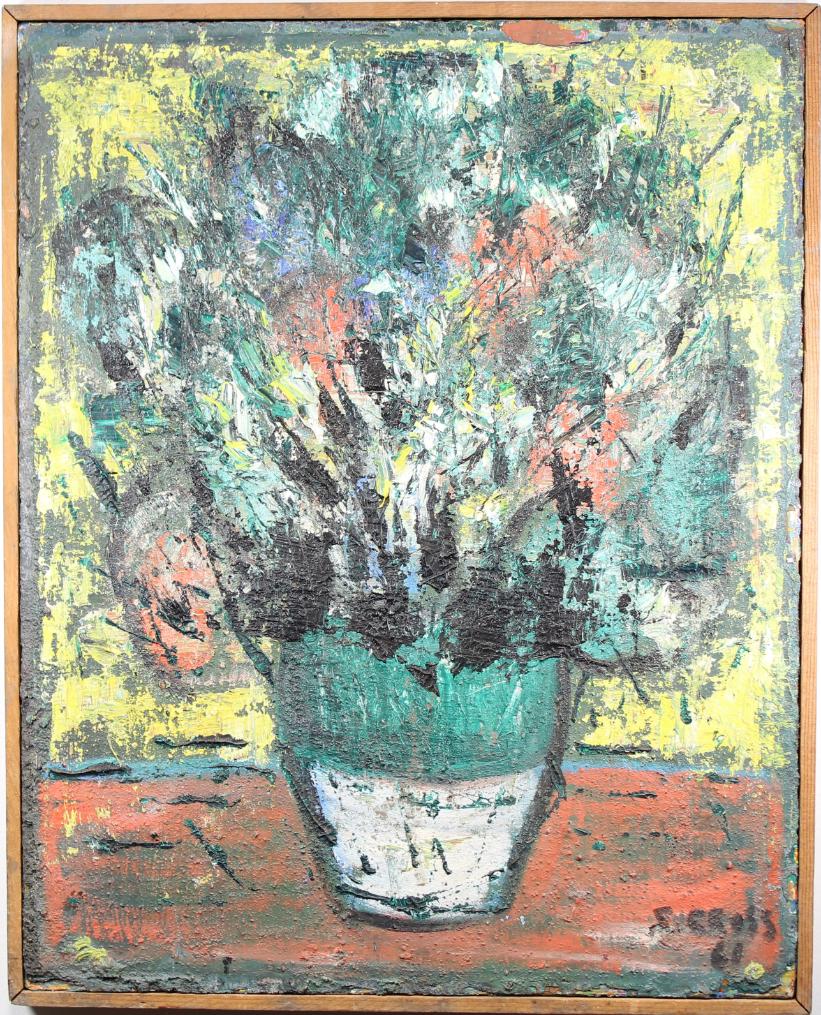 '61, Signed Still Life Painting: '61, Signed Still Life Painting. Heavy impasto oil on canvas. Signed and dated lower right. Sight size: 20 x 16 in. Overall Size: 20.75 x 16.75 in.