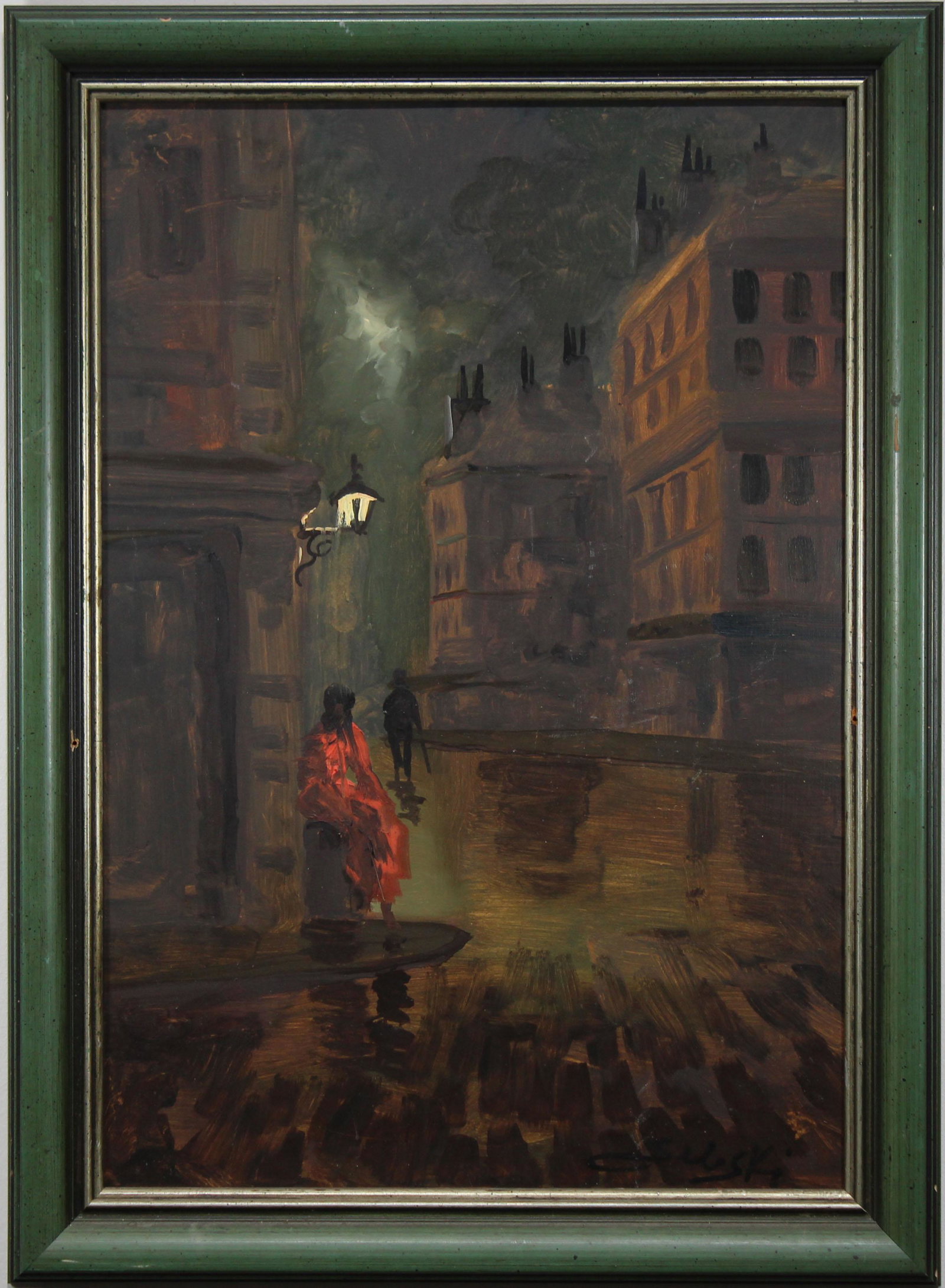 Domenico Seloski (Italy, 1924-1981): Domenico Seloski (Italy, 1924-1981) "Al Solito Angolo" (At the Usual Corner). Oil on board. Original gallery label verso. Sight size: 18.5 x 13 in. Overall Size: 22.5 x 16.5 in.