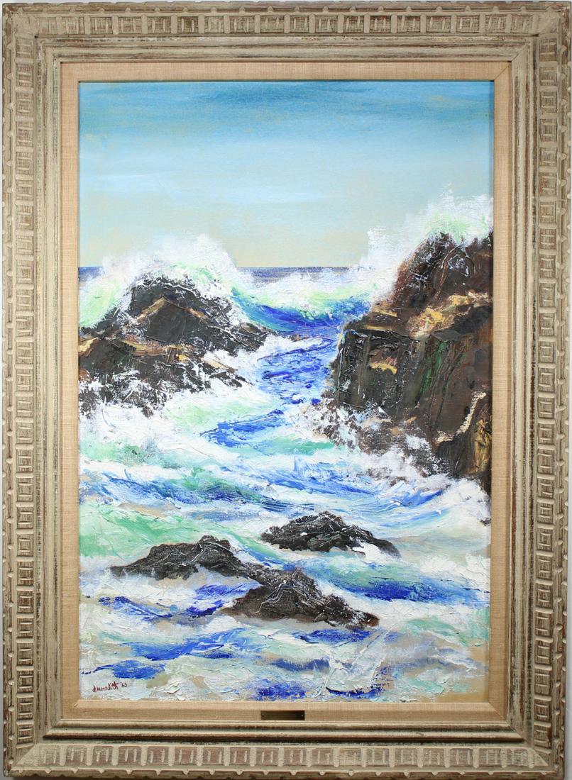 Signed, 1963 American School Seascape Painting: Signed, 1963 American School Seascape Painting. Oil on canvas. Signed "D. Meredith" lower left and dated '63. Sight size: 35.5 x 23.5 inches.