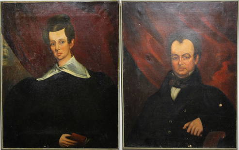 (2) 19th C. American School Portraits: (2) 19th C. American School Portraits, Attributed to Shepard Alonzo Mount (1804 - 1868). One of Captain William L Hawkins (Port Jefferson New York). And the other presumed to be Mary Ann Hawkins, wife