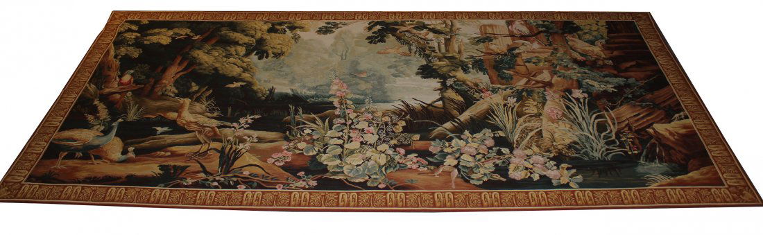 Large European Tapestry. Birds, Cranes in a Garden: Large European Tapestry. Birds, Cranes in a Garden. Dimensions: 66.5 x 138 inches.
