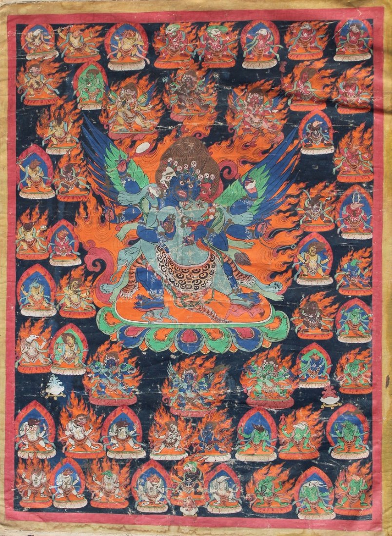 Antique Figural Tibetan Thangka: Antique Figural Tibetan Thangka. Oil on canvas. Image size: 26 x 20 inches.