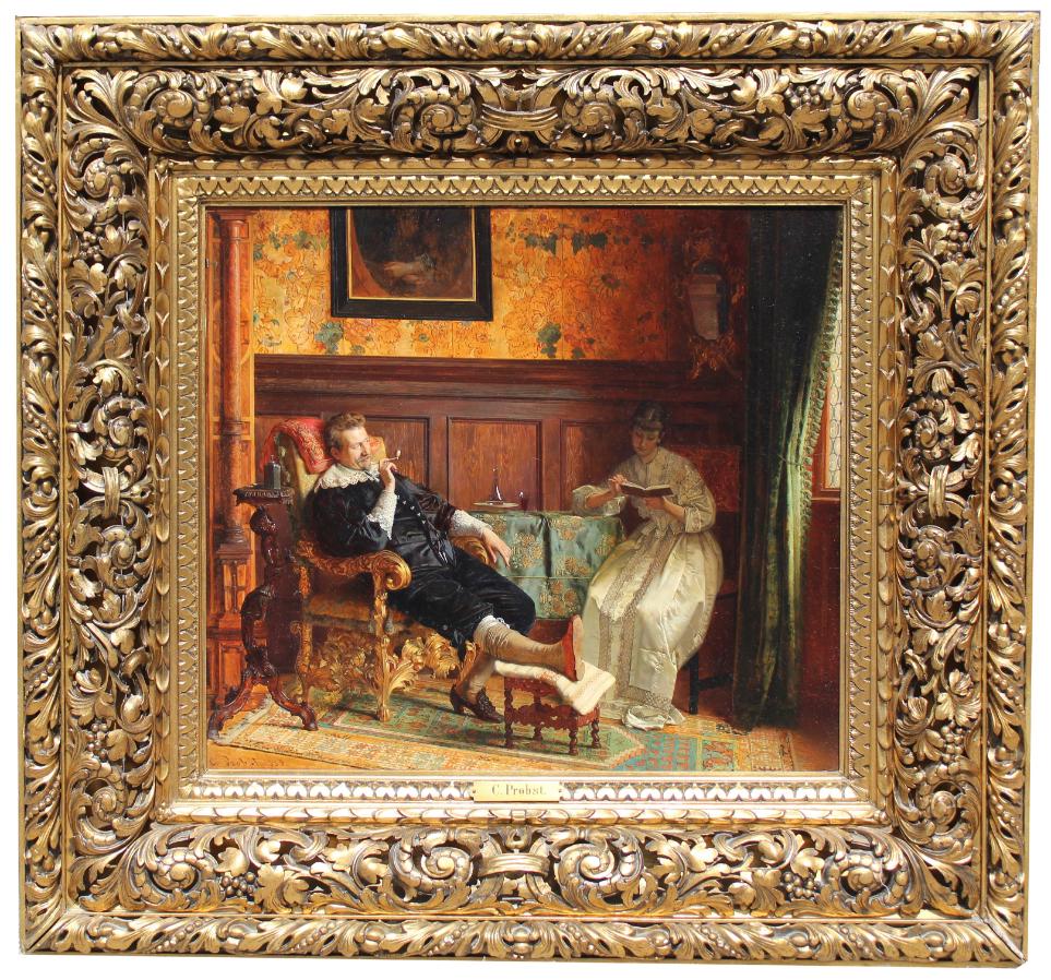 Carl Probst (1854 - 1924) "After Heavy Days": Carl Probst (Austria, 1854 - 1924) "After Heavy Days" Signed and dated (1885) lower left. Oil on Panel. Exhibited at the Royal Academy of Arts (Berlin) in 1886. Depicting a man and a woman resting in