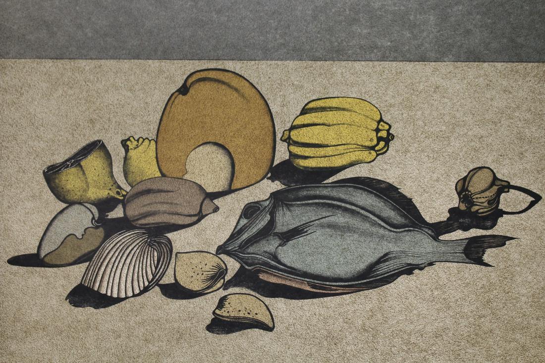 Mihail Chemiakin "Nature Morte w/ Fish" (60/78): Mihail Chemiakin (New York, Russia born 1943) "Nature Morte w/ Fish" Color Lithograph on Japan paper. Numbered (60/78) lower left. Signed lower right. Chemiakin's work is in the permanent collections 