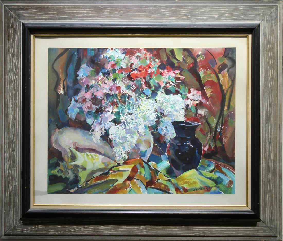 John Edward Costigan (New York, RI, 1888 - 1972): John Edward Costigan (Rhode Island, New York, 1888 - 1972) Still Life with black vase. Watercolor. Signed lower right. Inscribed verso. Pencil inscription verso. Sight Size: 20.5 x 26 in. Overall Size