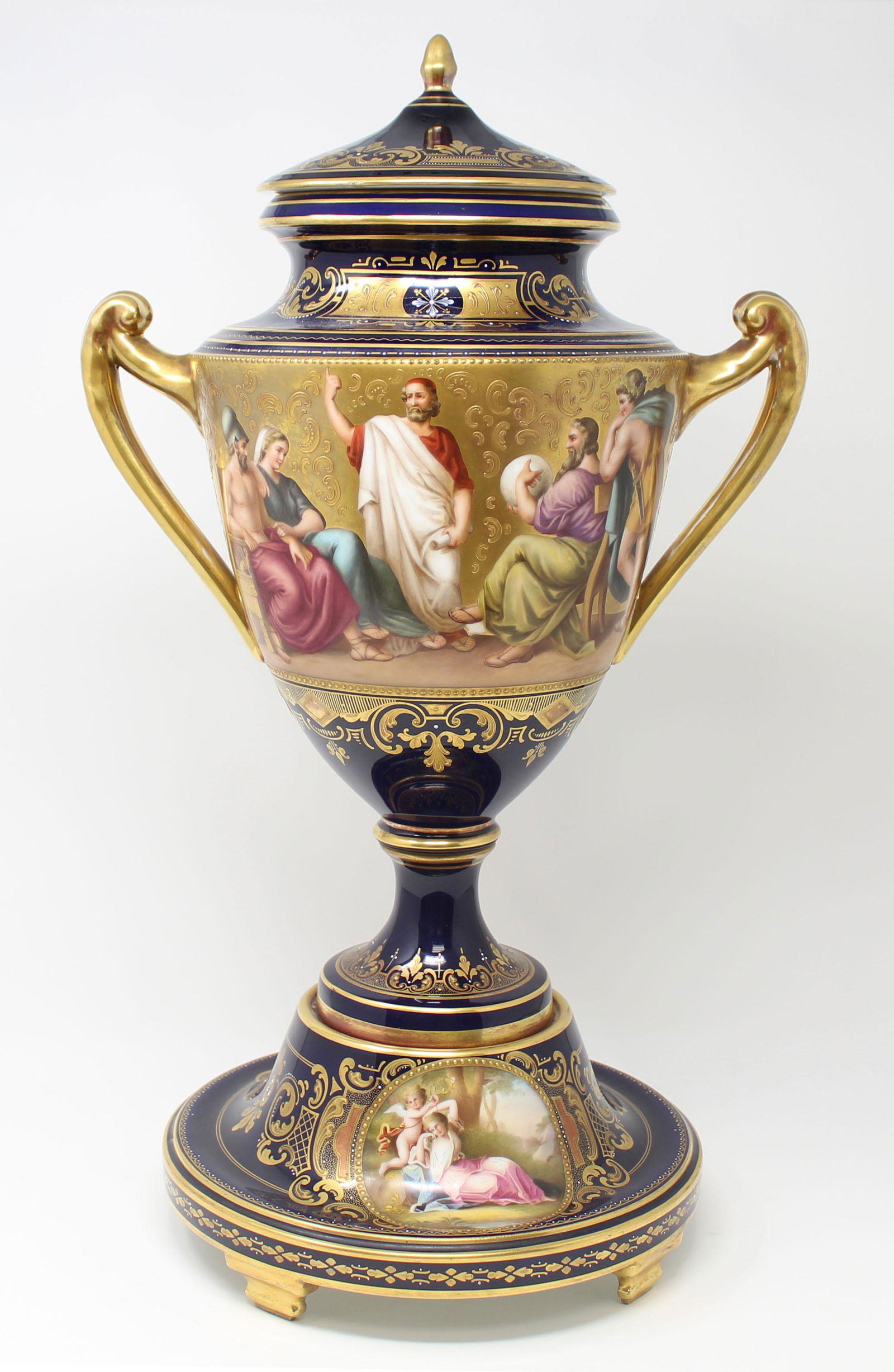 Exceptional Antique Royal Vienna Porcelain Urn: Exceptional Antique Royal Vienna Porcelain Urn. With handpainted classical scenes throughout exterior. Royal Vienna beehive mark on bottom. Height: 20 inches.