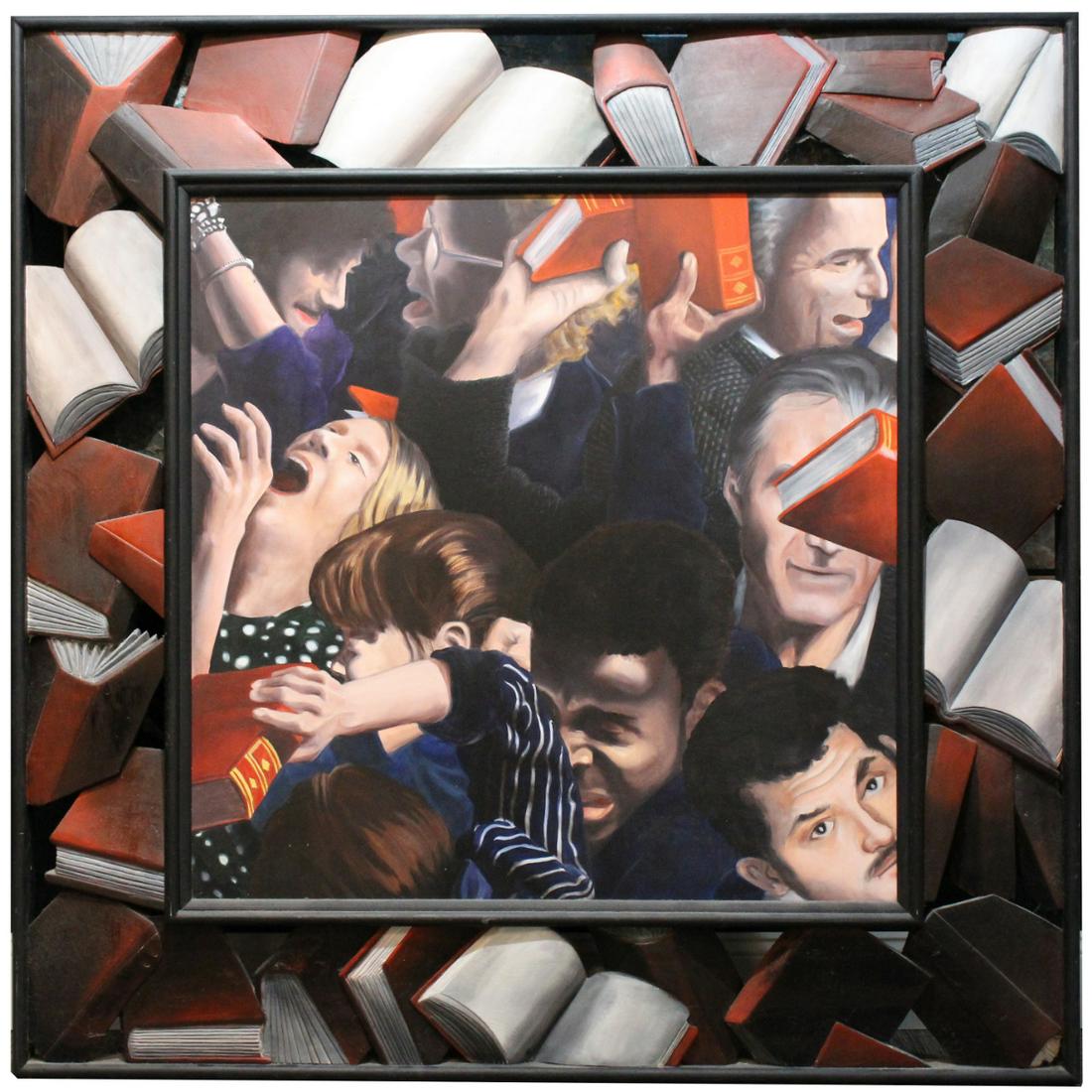 Ed McGowin (NY, DC, MS, born 1938) "Faces": Ed McGowin (Washington DC, New York, Mississippi, born 1938) Monumental Painting "Faces". Signed and dated verso on canvas. Housed in an elaborate artist-made book form frame. Provenance: Jamison/Thom