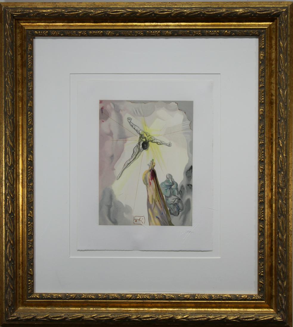 Salvador Dali (1904 - 1989): Salvador Dali (1904 - 1989) Wood Engraving in color on Rives paper. Housed in molded giltwood frame. Image Size: 13 x 10.25 in. Overall Size: 24.75 x 22.25 in. Framed behind glass.