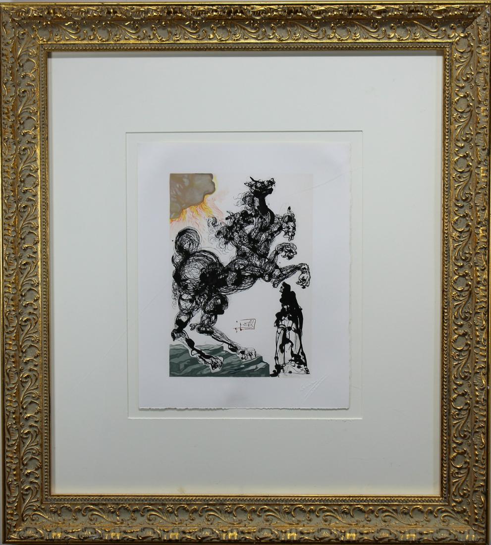 Salvador Dali (1904 - 1989): Salvador Dali (1904 - 1989) Wood Engraving on Rives Paper. Provenance: Park West Gallery. Image Size: 13 x 10.25 in. Overall Size: 26 x 23.75 in. Framed behind glass.