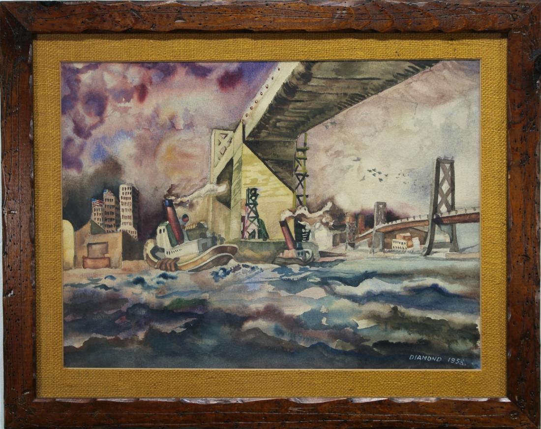 WPA Style, New York City Harbor Scene. Signed: WPA Style, New York City Harbor Scene. Signed and dated "Diamond 1958" lower right. Watercolor. Depicting tugboats and buildings throughout with an ominous storm approaching. Sight Size: 14 x 19 in. O