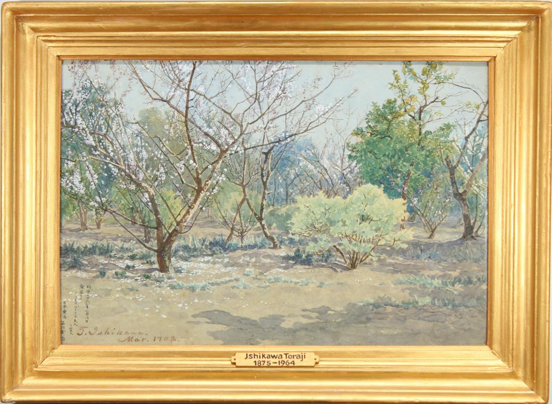 Toraji Ishikawa (1875 - 1964): Toraji Ishikawa (1875 - 1964) Watercolor of a wooded landscape. Signed and dated lower left. Sight Size: 12.75 x 19 in. Overall Size: 17.75 x 24 in. Framed behind glass.
