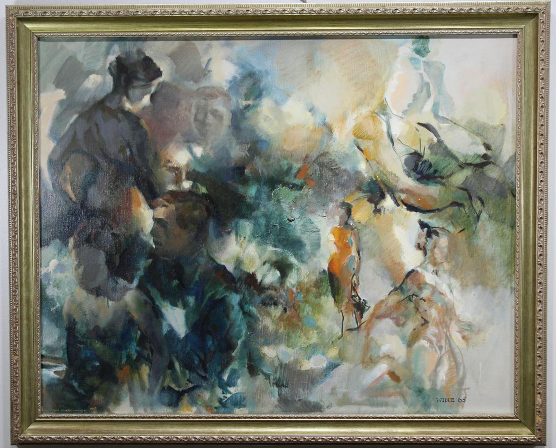 Penelope Wine "Hidden Woman": Penelope Wine "Hidden Woman". Local Sarasota, FL artist. Signed and dated ('65) lower right. Oil on Canvas. Sight Size: 23.5 x 29.5 in. Overall Size: 27.5 x 33.5 in.