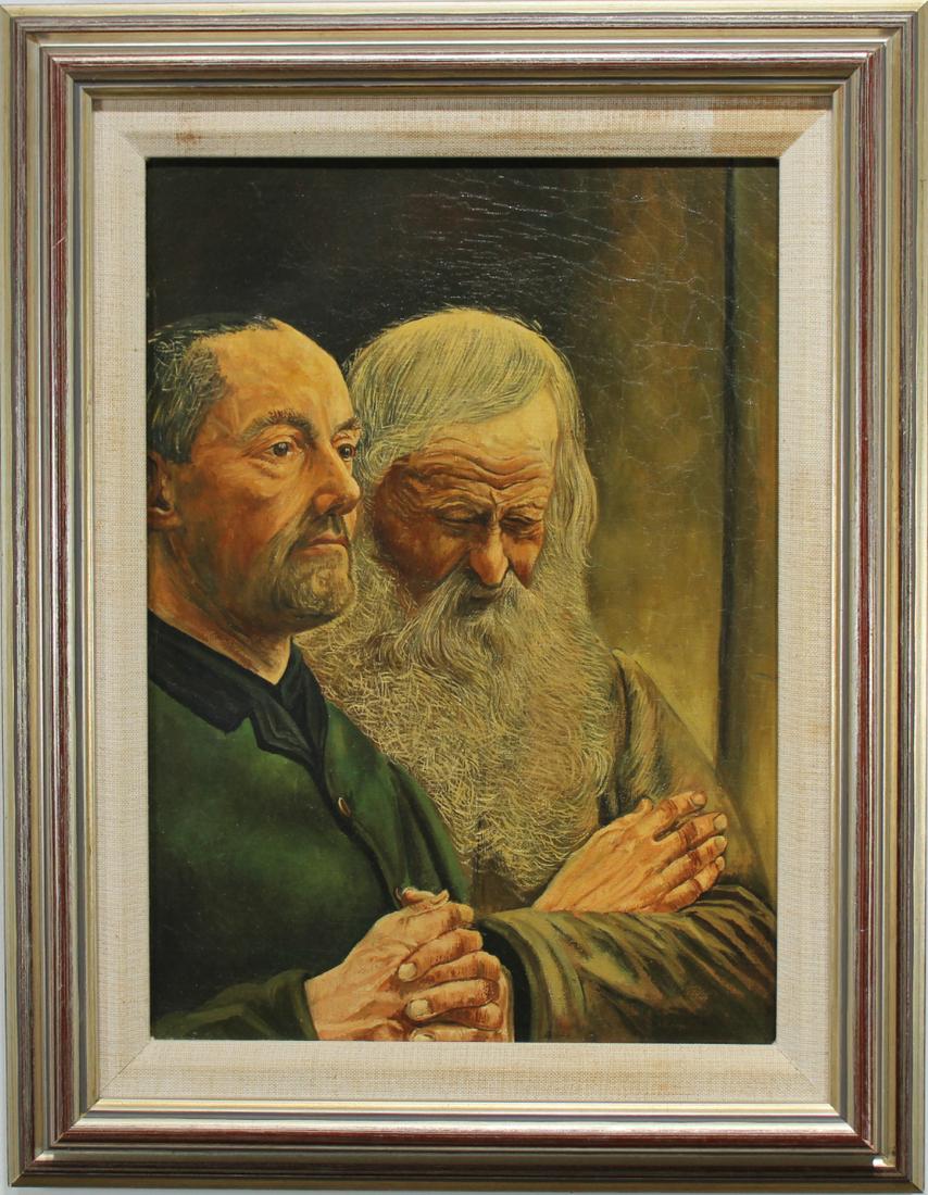 Jef Leempoels (1867 - 1935): Jef Leempoels (1867 - 1935) Oil on canvas painting of two men in an interior setting. Inscribed "Old Man Church Eglise" verso. SIght Size: 13.75 x 9.75 in. Overall Size: 18.5 x 14.5 in.