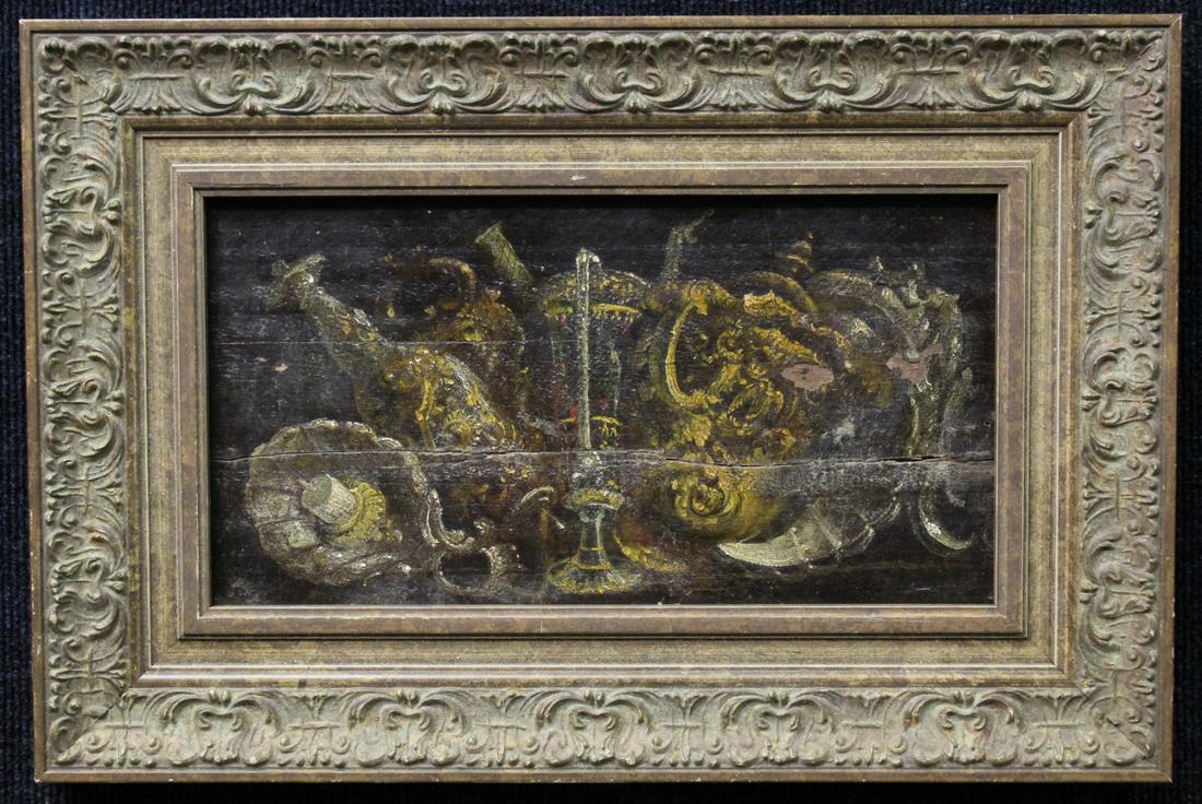 18th C. European School Still Life Painting: 18th C. European School Still Life Painting. Unsigned. Oil on Panel. Sight Size: 7 x 13.5 in. Overall Size: 13 x 19.5 in.