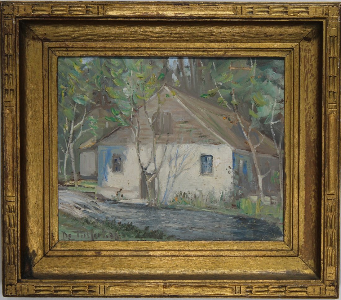 Bela deTirefort (NY, FL, Austria, 1894 - 1993): Bela deTirefort (NY, FL, Austria, 1894 - 1993) Painting of a house in a wooded landscape. Oil on board. Signed lower left. Housed in a gilt carved frame. Sight size: 9.5 x 11.5 inches.
