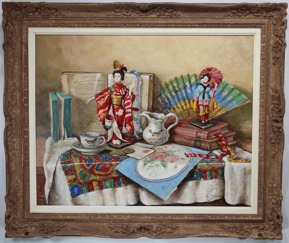 Arisztid Szendy (Hungary, 1903 - 1972): Arisztid Szendy (Hungary, 1903 - 1972) Still Life painting with oriental objects, books on a table setting. Signed lower right. Oil on canvas. Sight size: 23.5 x 29.5 inches.