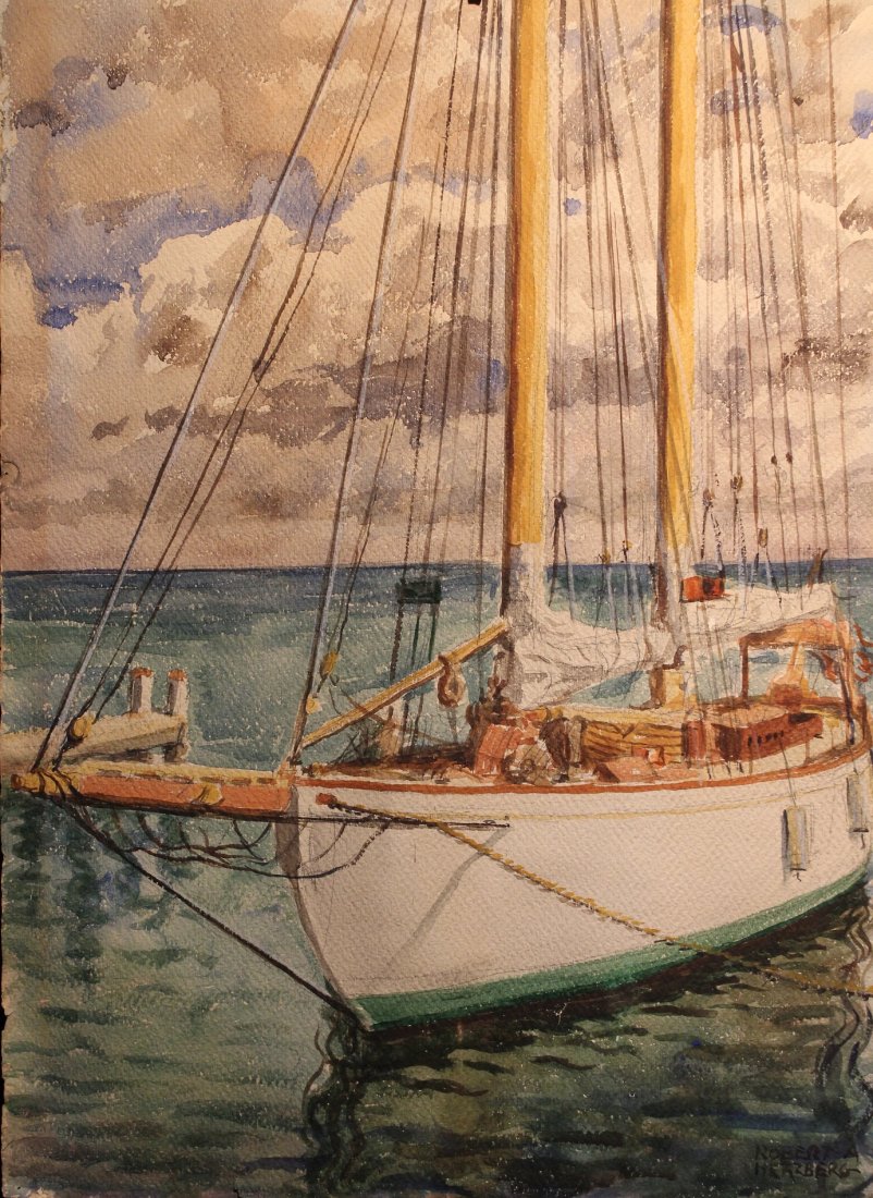 Robert Herzberg (Michigan, 1886 - 1960): Robert Herzberg (Michigan, 1886 - 1960) Watercolor of a Sailing Vessel with figures. Signed lower right. Size: 19 x 26 inches. Herzberg studied at New York's Art Students League under Robert Henri, Er