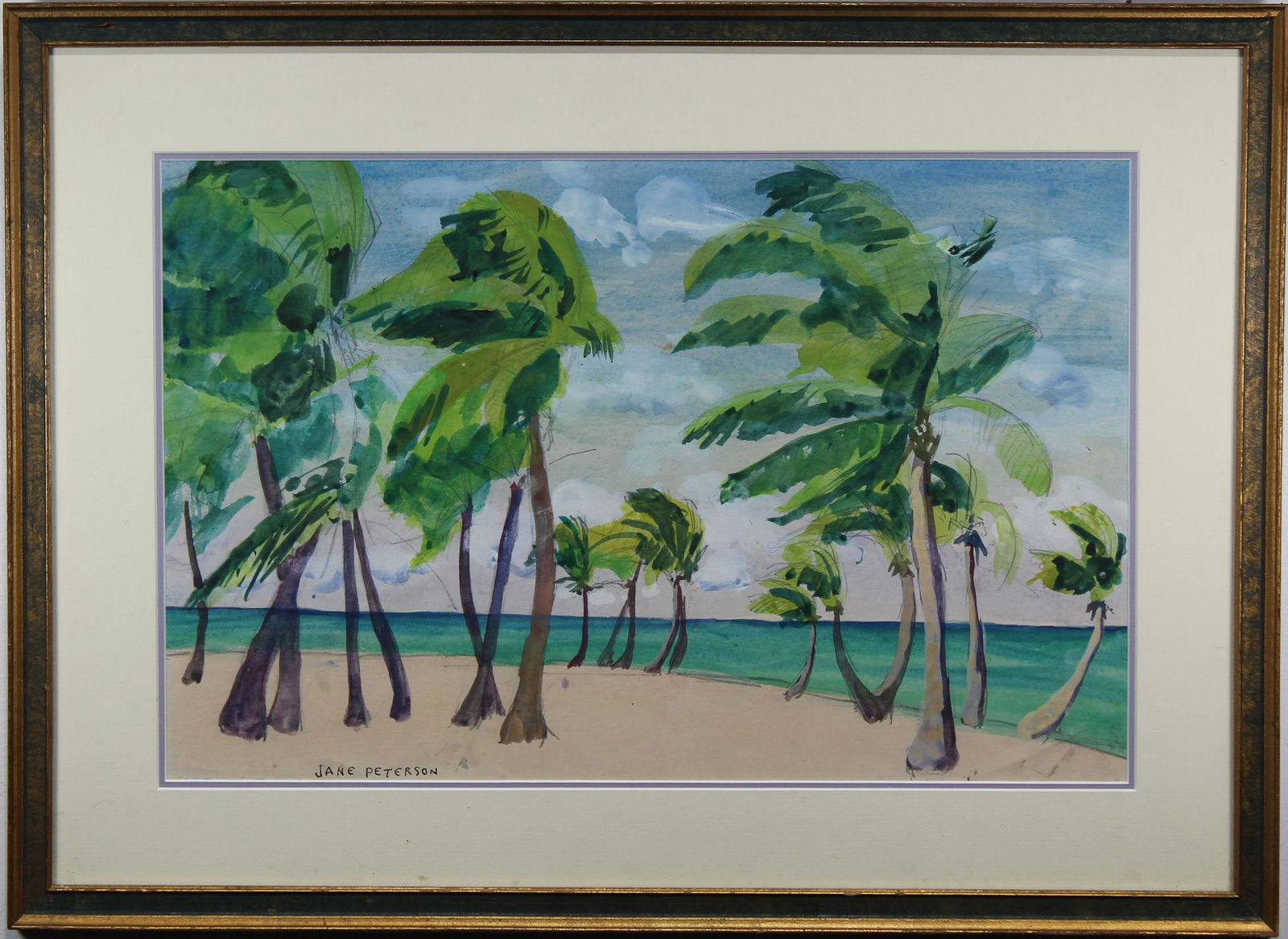 Jane Peterson (1876 - 1965) "Palms on the Beach": Jane Peterson (Massachusetts, New York, Kansas, Illinois / France, Italy, 1876 - 1965). Florida "Palms on Beach" Watercolor. Signed lower left. Gallery label verso. Provenance: Artist's Estate Finer T