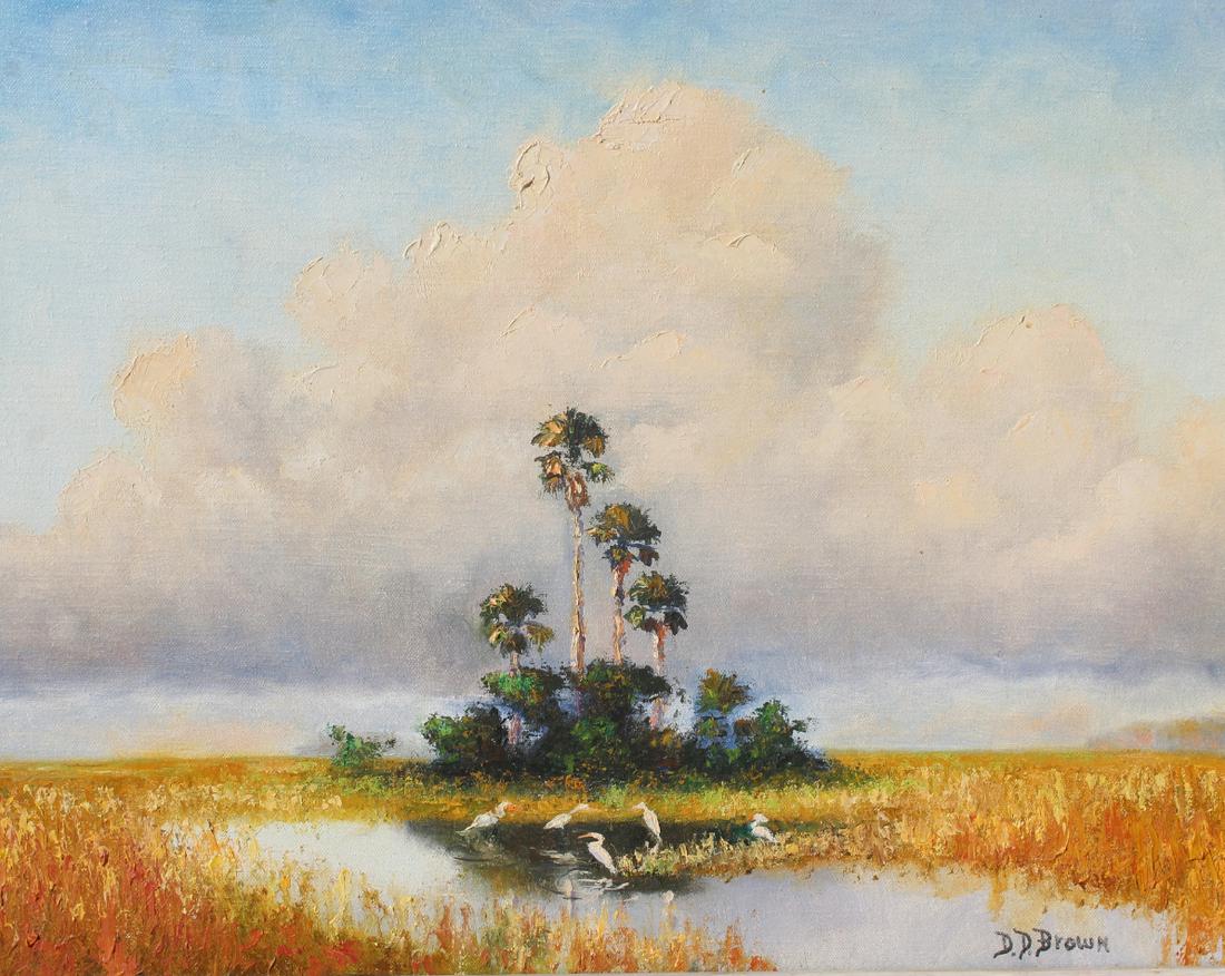 Don Brown, Florida Indian River School Painting: Don D. Brown Florida Highwayman Style Painting. Signed lower right. Oil on Canvas. Egrets in marsh. Don Brown was a member of the Indian River School of Painting, which was not a formal school but was