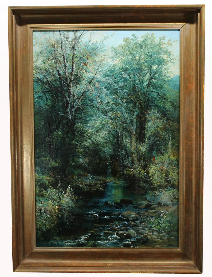 Signed 19th C. Wooded Landscape w/ Figure: European School, Signed 19th Century painting of a wooded river landscape with a figure walking along a pathway in the right hand portion of the image. Indistinctly signed lower right. Oil on canvas.