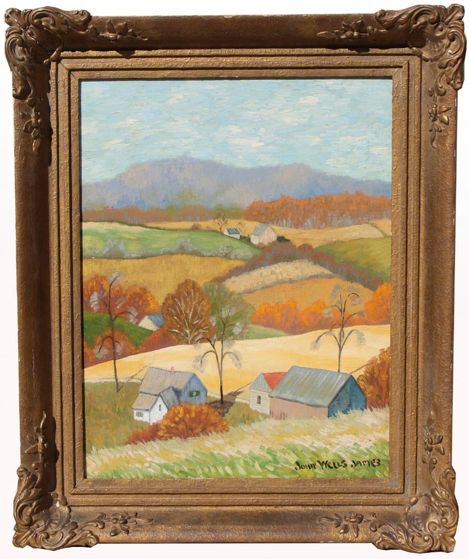 John James (PA, NY, France, 1873 - 1951): John James (Pennsylvania, New York / France, 1873 - 1951) Landscape painting titled "Pennsylvania Hillside" on label verso. Signed lower right. Oil on canvas. As a painter, James was associated with t