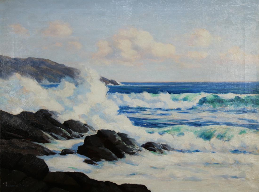 Francis Dixon (New York, California, 1879 - 1967): Francis Dixon (NY, CA, 1879 - 1967) Coastal Seascape Painting. Likely Bass Rocks Gloucester. Oil on canvas. Signed lower left. Size: 20 x 26 in. Unframed.