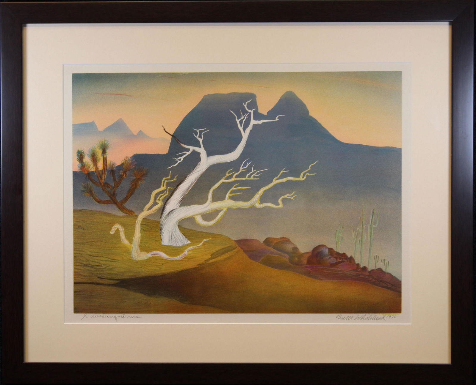 Buell Whitehead (FL. 1919 - 1993) "Guarding Arms": Buell Whitehead (FL. 1919 - 1993) Lithograph. Pencil signed and dated (1946) lower right. Titled "Guarding Arms" lower left. Image Size: 13.75 x 18.75 in. Overall Size: 22 x 27 in. Framed behind glass