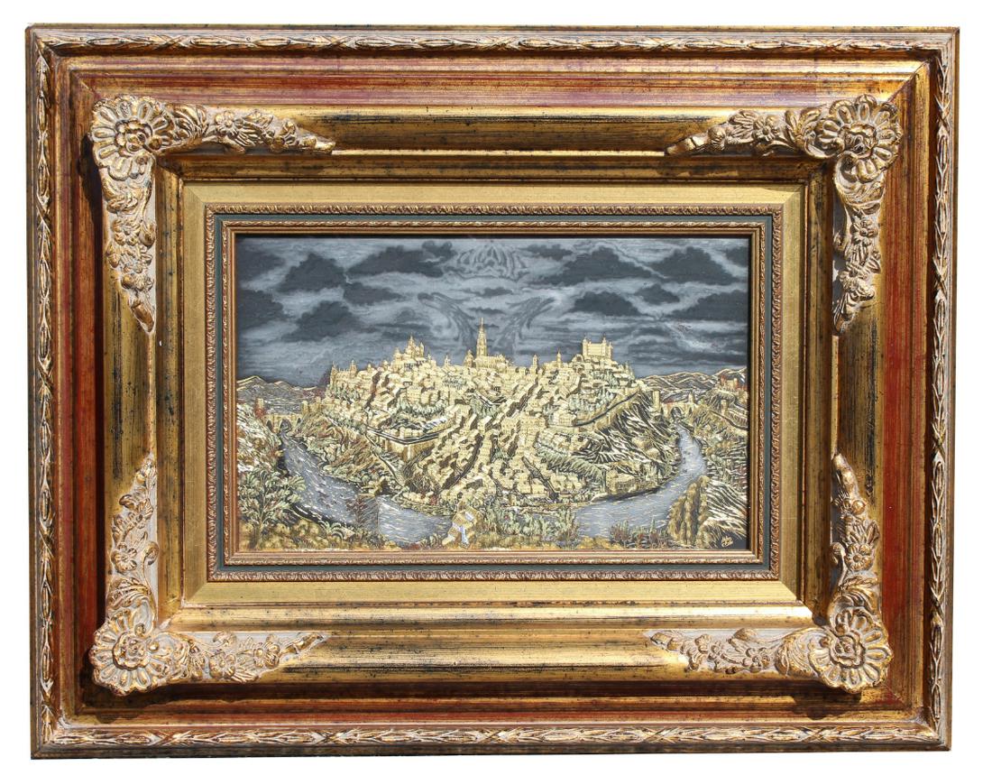 Toledo, Spain Damascene Village Scene: Signed lower right. Toledo is renowned for its damasquinados, or damascene handicrafts and costume jewelry. Damascening is the Moorish art of inlaying gold or silver threads into black steel in a deco