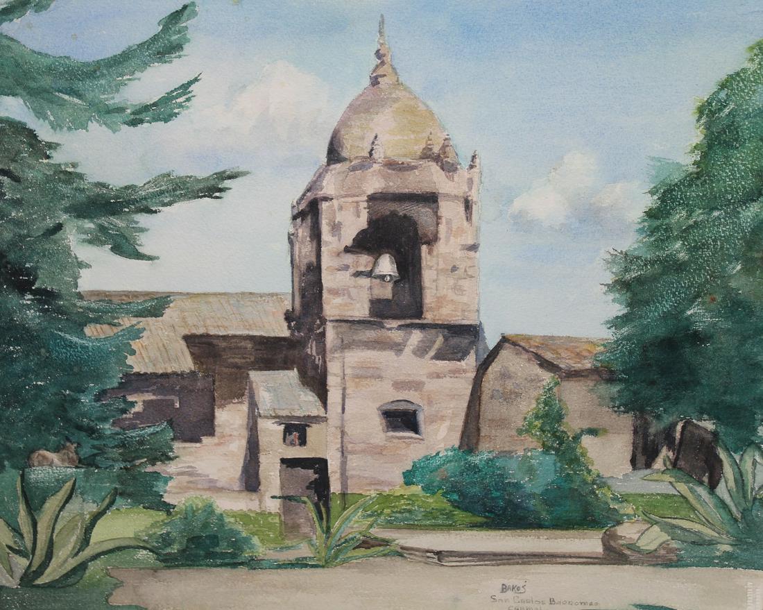 Jozef Bakos (New Mexico, 1891 - 1977): Jozef Bakos (New Mexico, 1891 - 1977) "San Carlos Barromeo Carmel" Watercolor on paper. Signed lower center. Inscribed verso. Size: 15 x 18 in. Unframed.